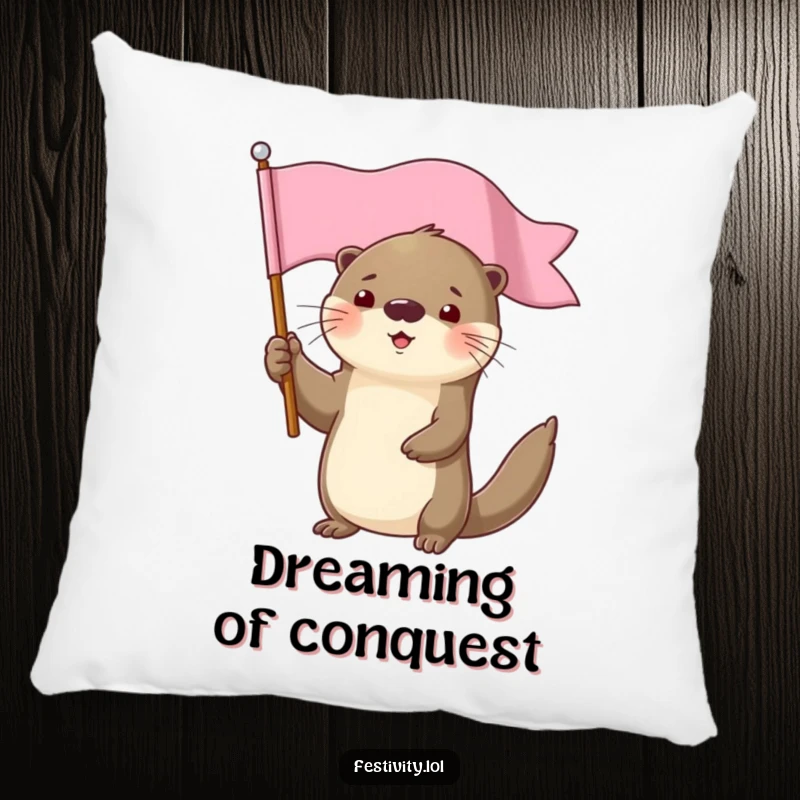 Funny determined otter character holding a flag high decorative pillow, offering cozy comfort.