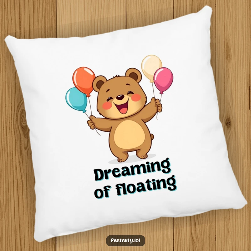 Funny bear pillow showing a happy bear with a wide grin juggling balloons, perfect for adding comfort and a whimsical touch.