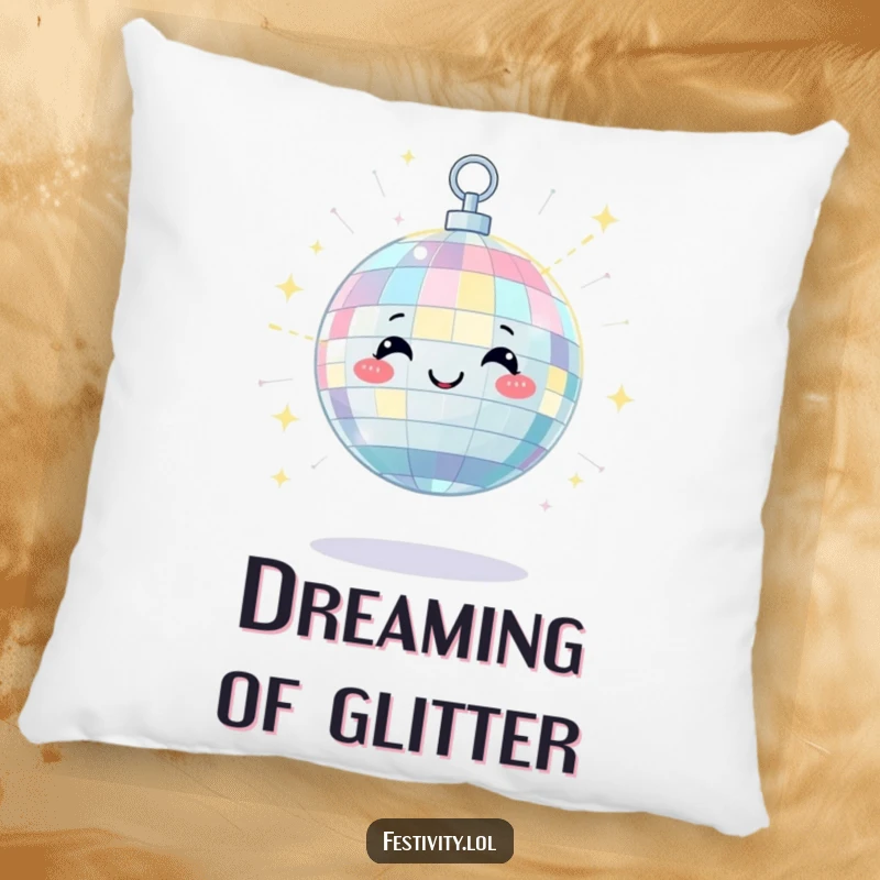 Funny pillow featuring a satisfied disco ball character scattering beams of light with a happy twinkle, adding cozy cheer.