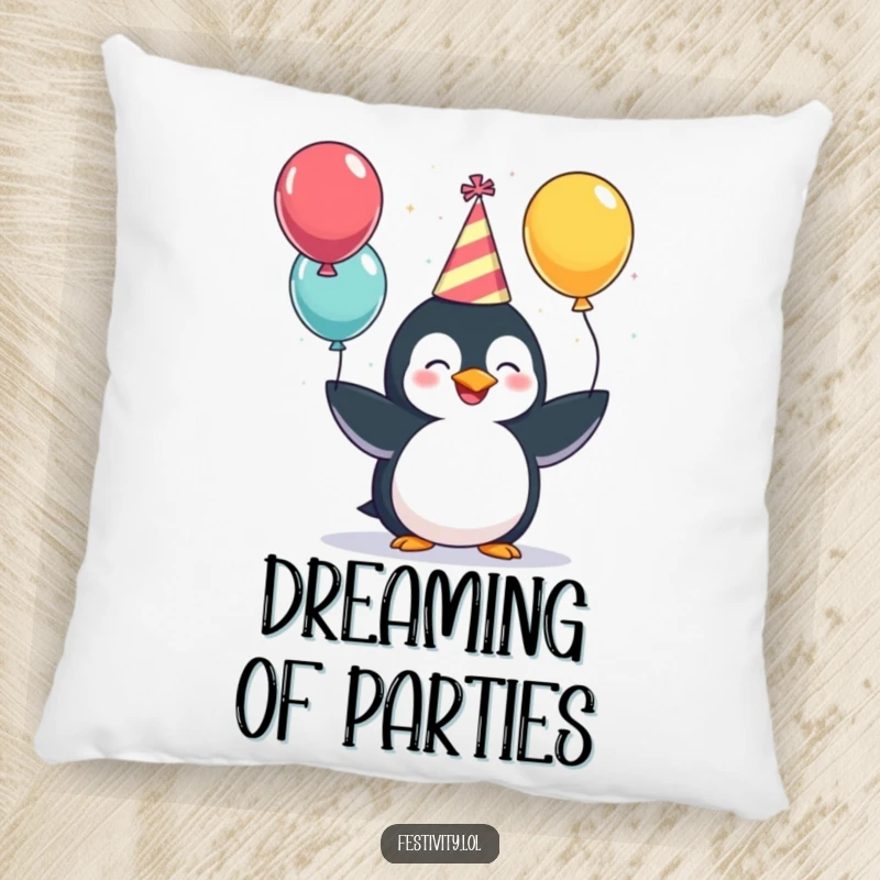 Funny Pillow: A giggling penguin wearing a party hat, juggling balloons, a soft and humorous decorative item.