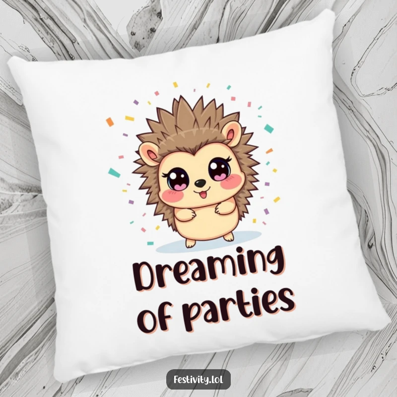 Funny hedgehog pillow featuring a delightful hedgehog caught mid-confetti blast, soft and perfect for adding a touch of playful comfort.