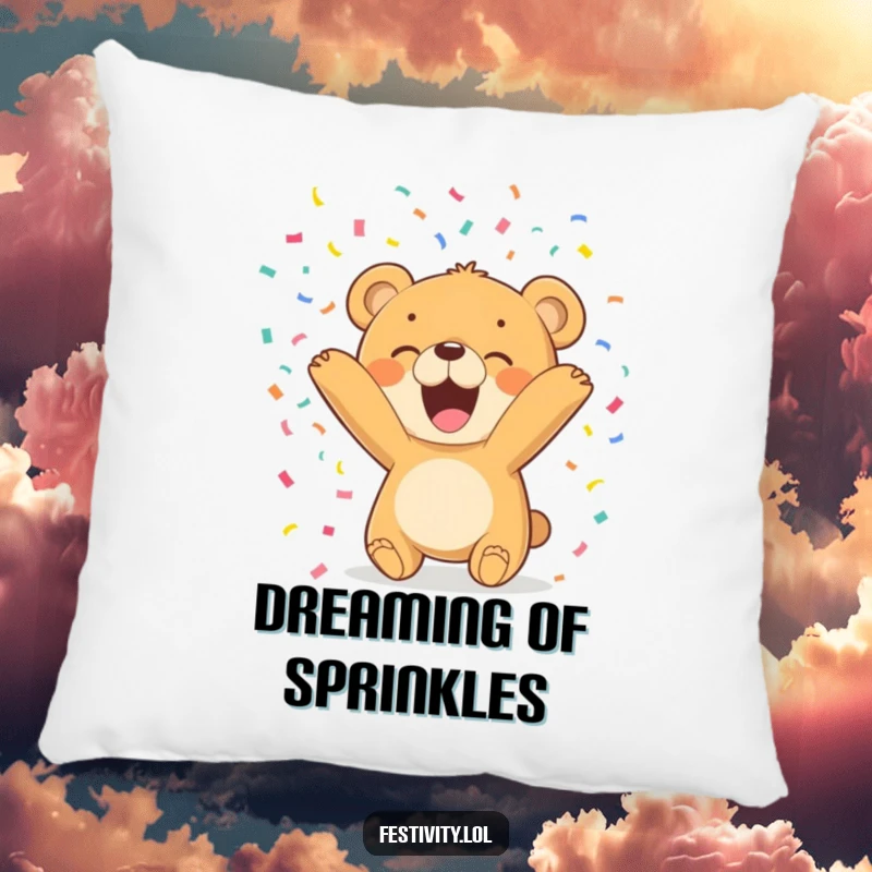 Funny Bear Cub Pillow depicts a happy cub gleefully throwing confetti, offering comfort and a humorous touch.