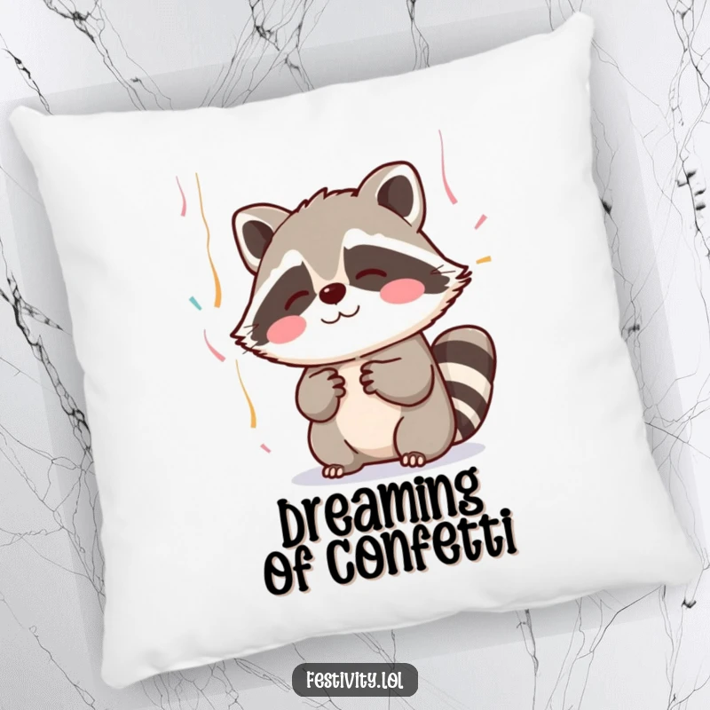 Funny pillow showcasing a blushing raccoon, paws outstretched in a sweet attempt to catch falling streamers, adding charm.