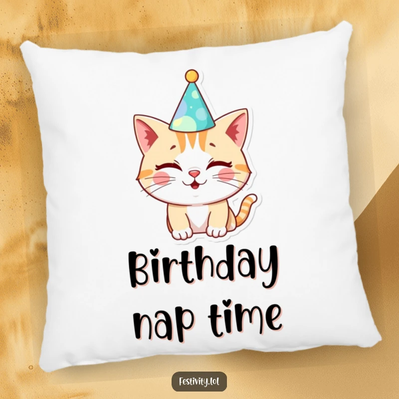 Funny Cat Birthday Pillow: A winking cat in a silly hat, adding soft, humorous, and festive decor to any living space.