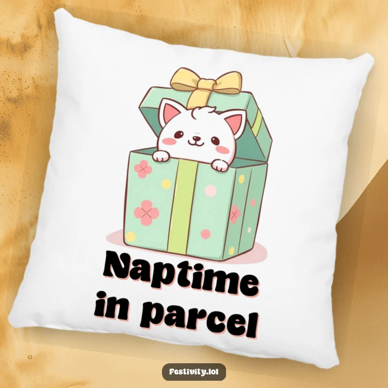 Funny pillow showcasing a playful critter emerging from a gift box, providing comfort and a humorous decorative accent.