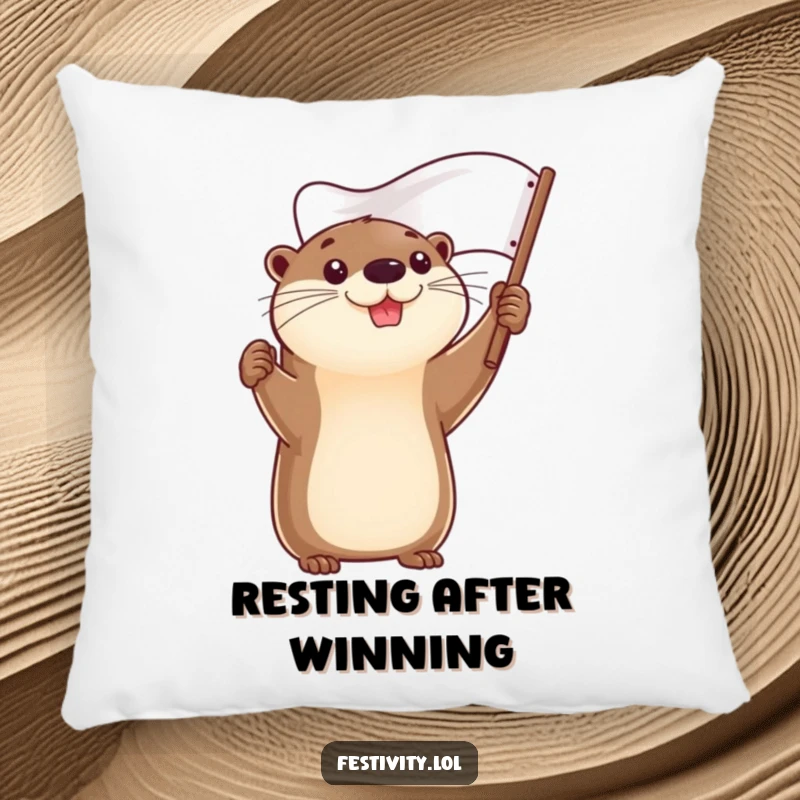 Funny pillow featuring a determined otter holding a flag, bringing comfort and victorious vibes.