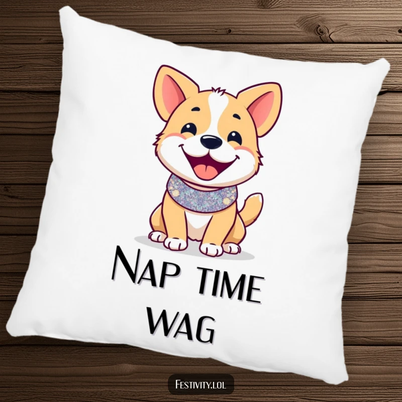 Funny pillow: A smiling dog in a glittery collar, tail wagging furiously, designed for comfortable lounging and joyful vibes.