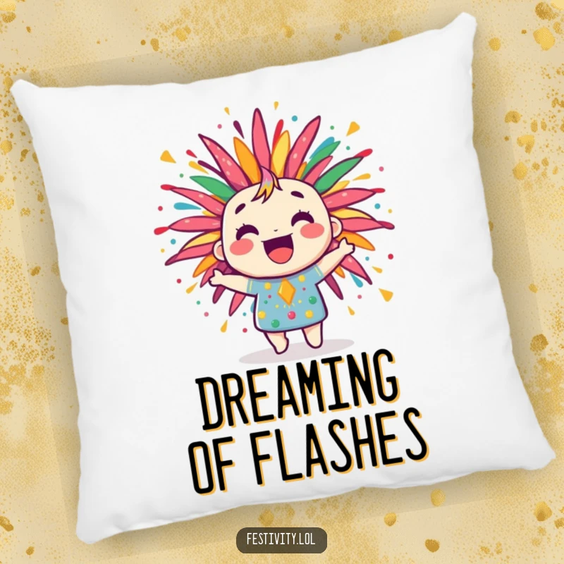 Funny pillow featuring a jubilant firework character bursting with colorful, joyful patterns, perfect for adding cheerful decor.