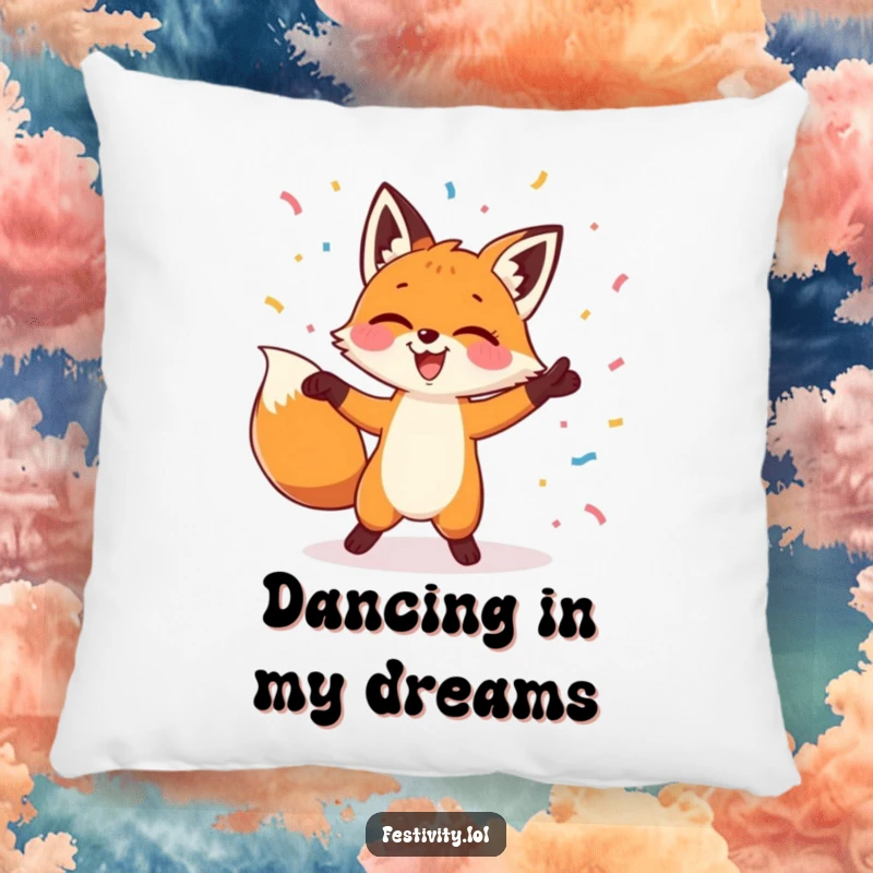 Funny pillow designed with a giggling fox dancing energetically, surrounded by a delightful shower of confetti.