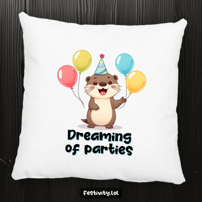 Funny throw pillow featuring a happy otter with a party hat juggling balloons, adding festive comfort and humor.