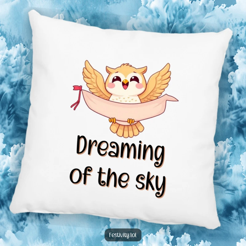 Funny owl pillow with a joyful soaring bird and banner, offering comfort and a touch of humor to any room.