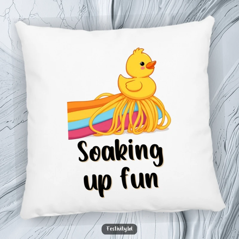 Funny rubber ducky joyfully sliding down a rainbow made of spaghetti, printed on a plush pillow for comedic comfort.