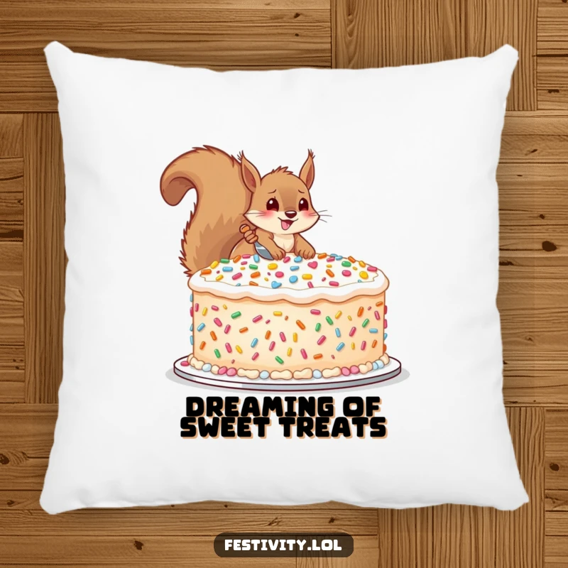 Funny pillow featuring a happy squirrel decorating a large cake with oversized sprinkles, offering comfort and a humorous accent.