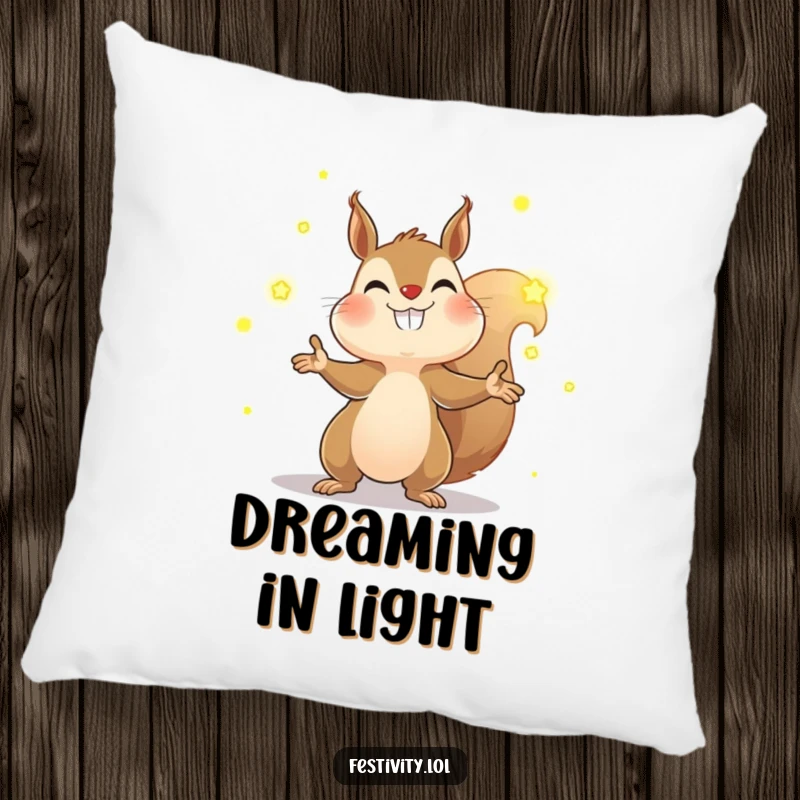 Funny squirrel pillow featuring a determined squirrel juggling glowing fireflies with a wide grin, offering comfort and a touch of animated humor.
