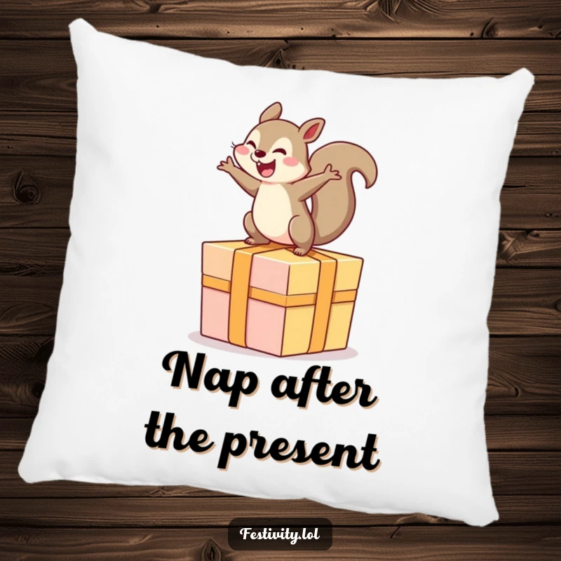 Funny pillow showing a squirrel gleefully bouncing on a giant, festively wrapped gift box.