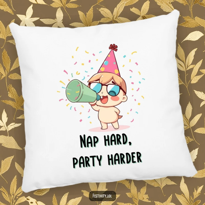 Funny delighted character blowing a giant confetti cannon on a soft, comfortable pillow.