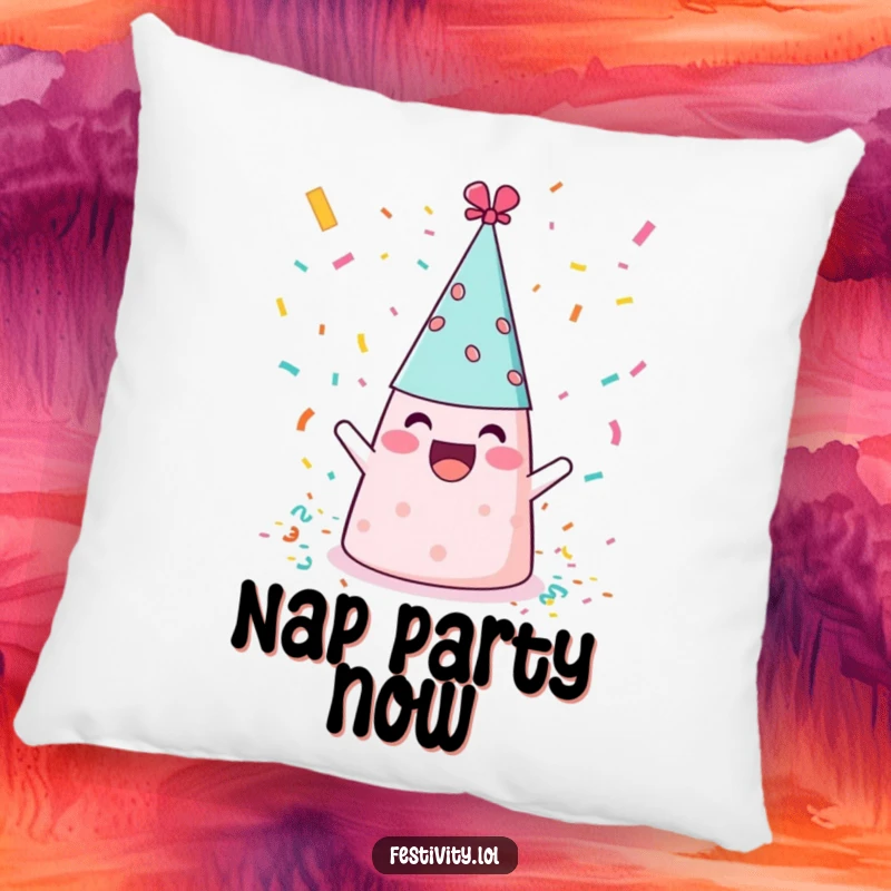 Funny cheerful party hat throwing confetti, a humorous and comfortable pillow for sofa or bed.