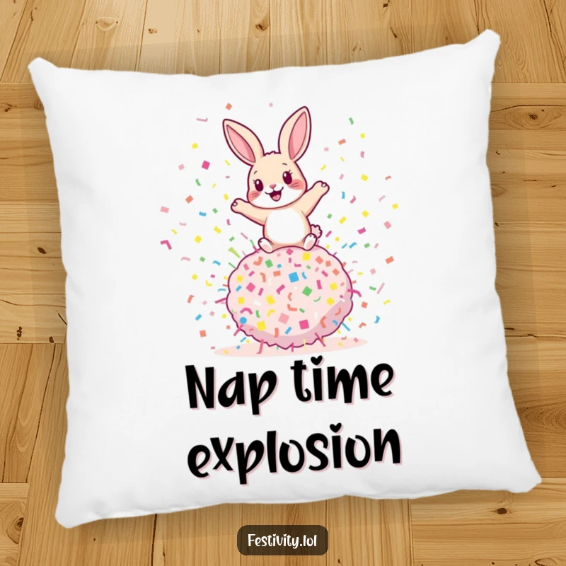 Funny rabbit pillow featuring a playful rabbit bouncing on a giant confetti bomb, offering comfort and a touch of explosive humor.