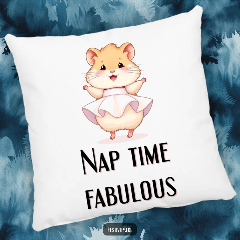 Funny hamster pillow, a fluffy hamster wearing a party dress, happily twirling, providing comfort and a cheerful accent.