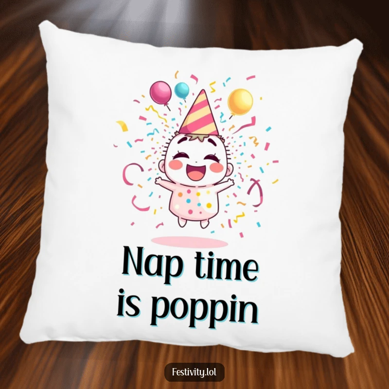 Funny pillow featuring a giggling party popper character exploding with vibrant streamers and confetti, perfect for adding cheer.