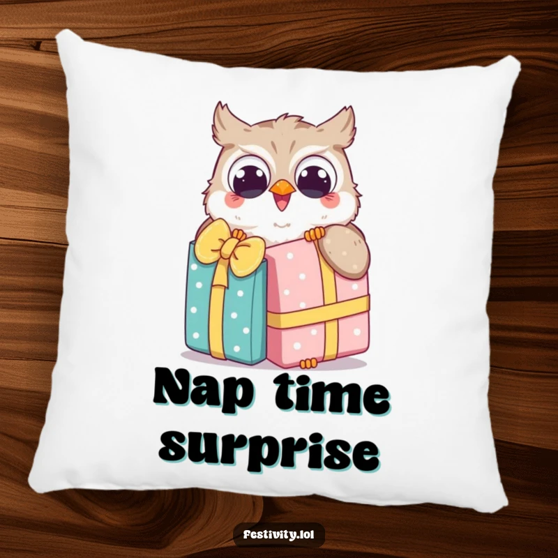 Funny Owl Pillow features a happy owl with bright eyes unwrapping a huge gift, symbolizing joy and comfort.