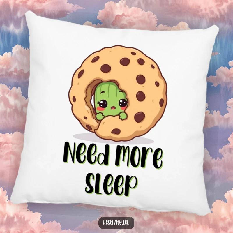 Funny pillow featuring a shy pickle character with a surprised expression behind a huge cookie, offering comfort and humor.