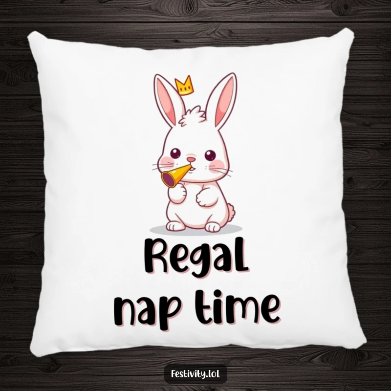 Funny pillow with a curious rabbit wearing a tiny crown, blowing a party horn.
