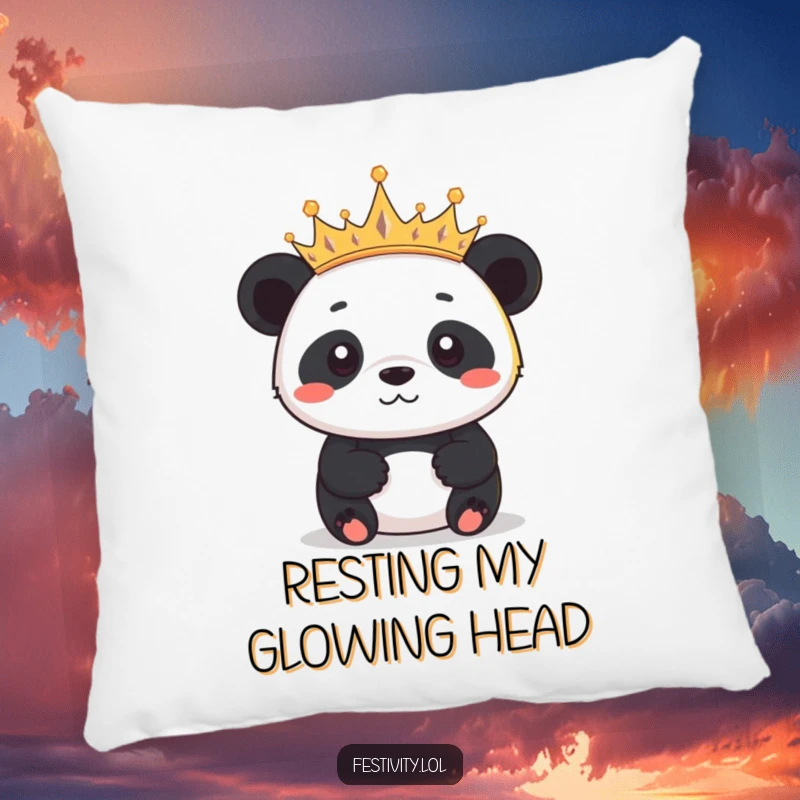Funny panda cushion wearing a crown of tiny twinkling lights, offering comfort and a regal, humorous charm.