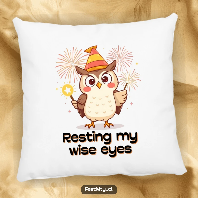 Funny pillow design of a determined owl in a silly hat, holding a lit match to a giant firework, offering comfort and excitement.