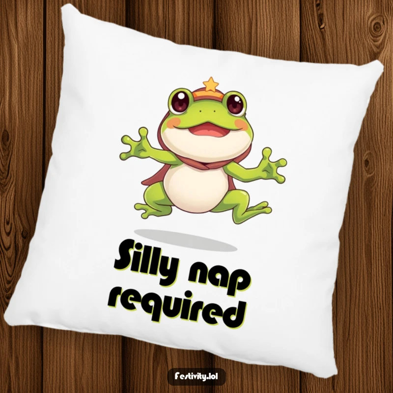 Funny Frog Pillow: A silly frog in costume leaps with enthusiasm, bringing humorous comfort to your living space.