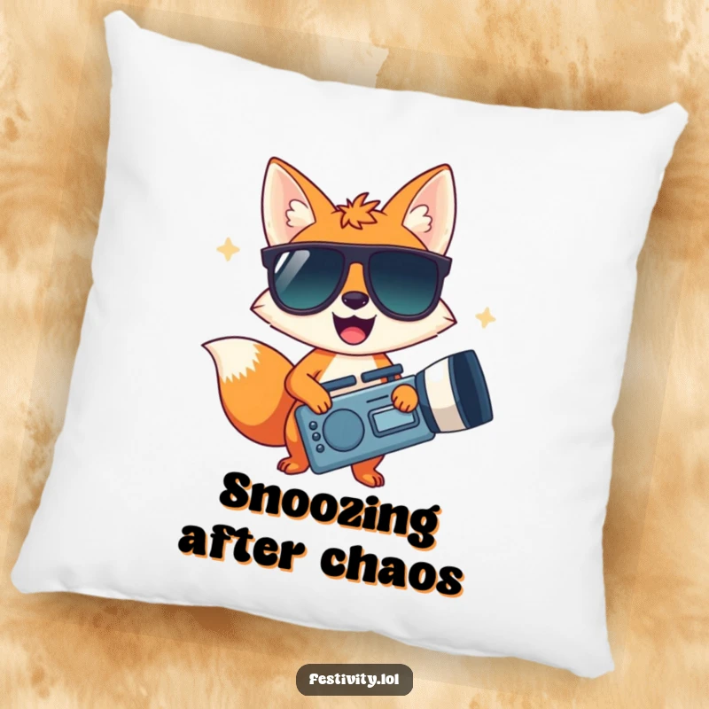 Funny pillow featuring a happy fox in cool sunglasses holding a giant noisemaker, offering comfort and humor.