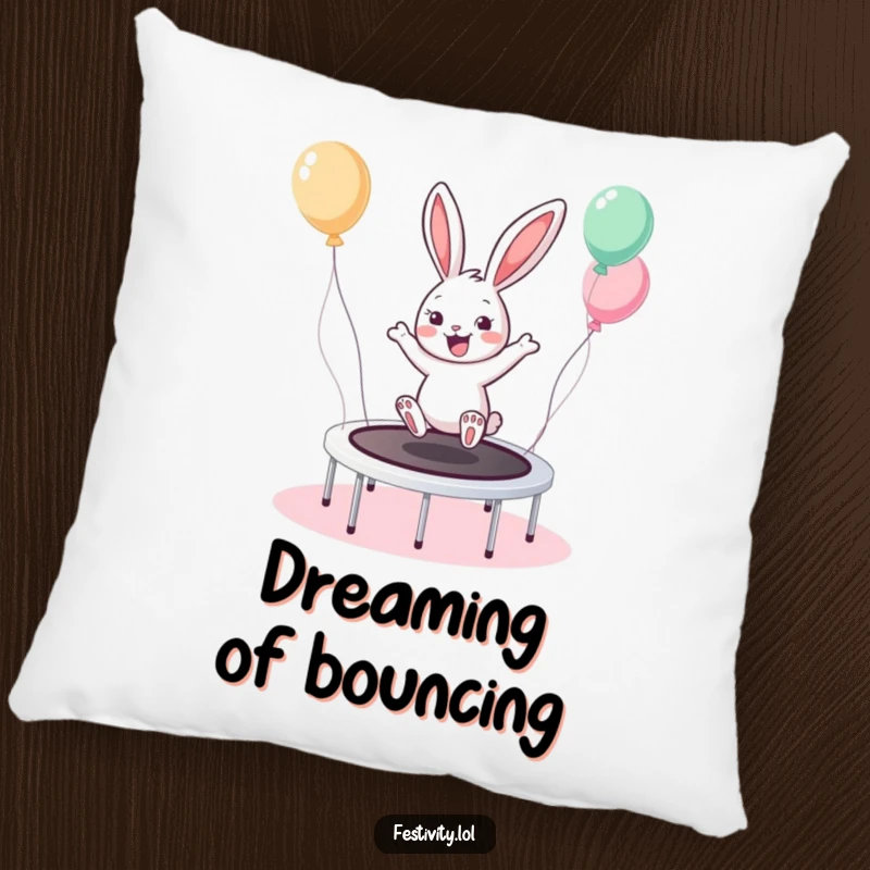 Funny Bunny Trampoline Pillow depicts a cheerful bunny bouncing on a balloon-decorated trampoline, bringing joy and softness.