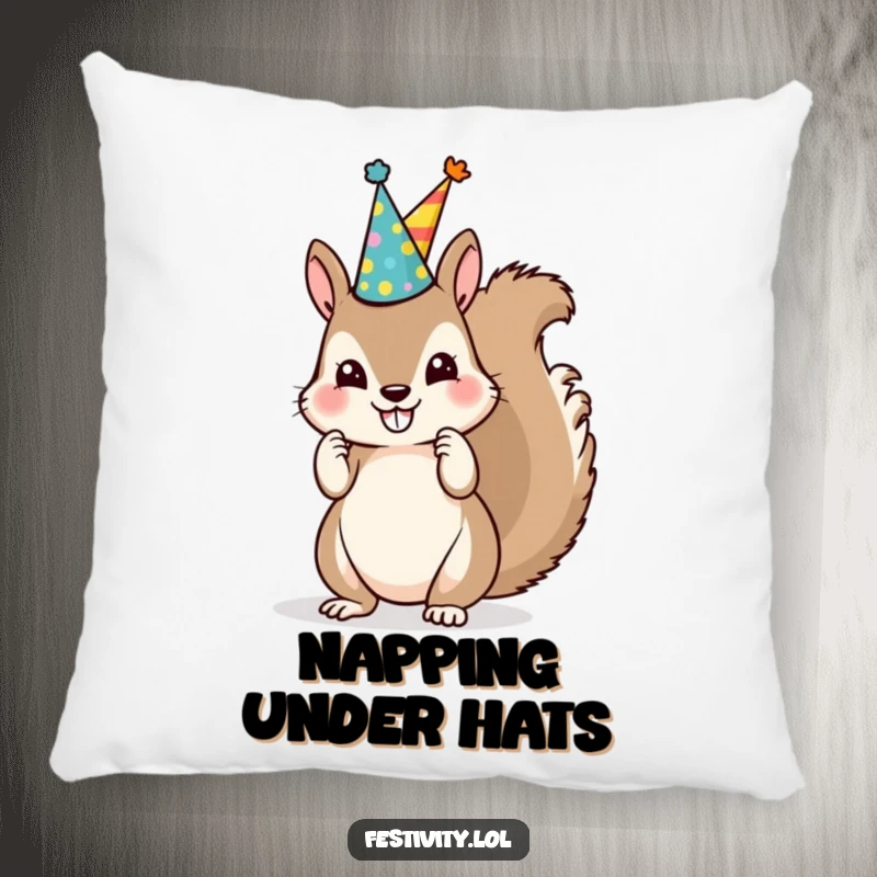 Funny Squirrel Party Hat Pillow depicts a mischievous squirrel stacking party hats, bringing playful charm and softness.