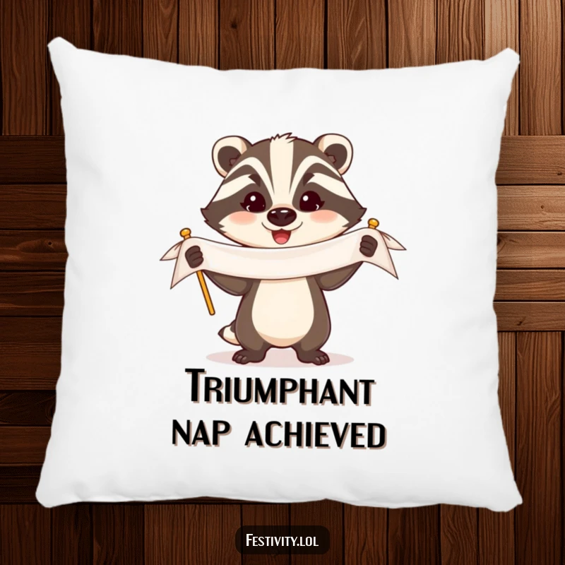 Funny Badger Pillow: A triumphant badger holds a banner with a happy expression, offering humorous comfort and pride.
