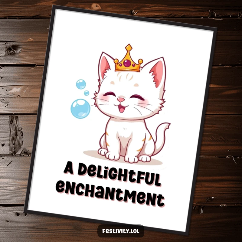 Funny digital art print of a playful kitten adorning a crown, joyfully blowing iridescent bubbles, embodying pure, delightful charm.