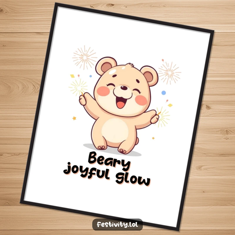 Funny digital art of a joyful bear cub waving sparklers, a heartwarming and cute piece for any room.