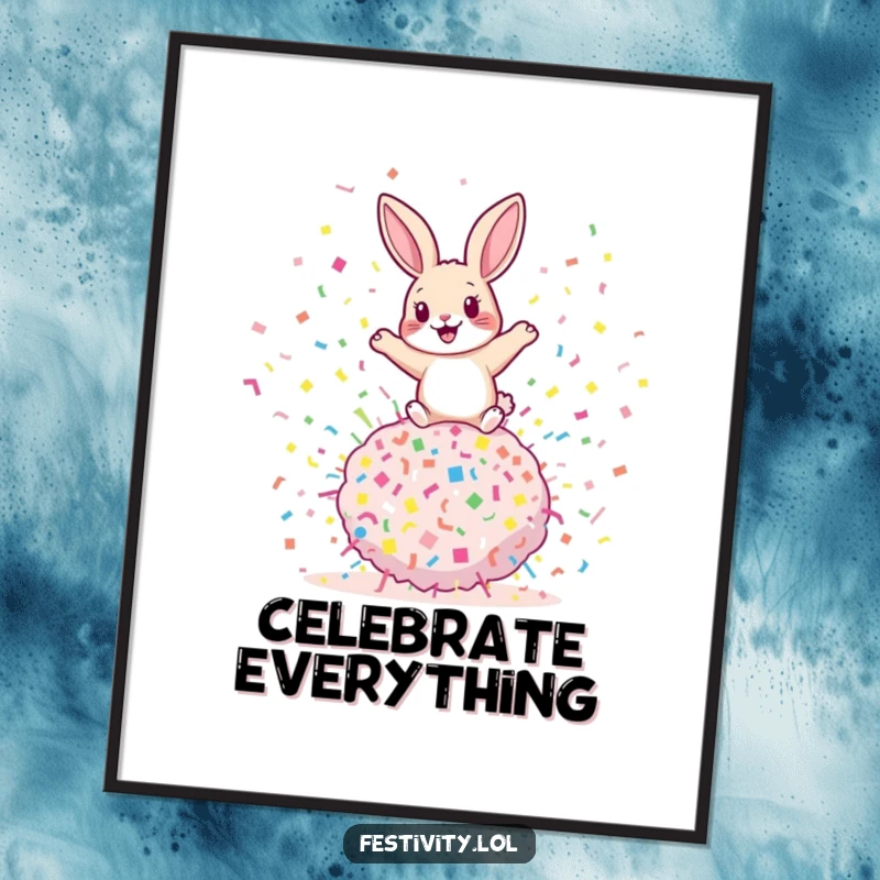 Funny rabbit confetti digital art print of a playful rabbit bouncing on a giant confetti bomb, perfect for instant fun and energetic decor.