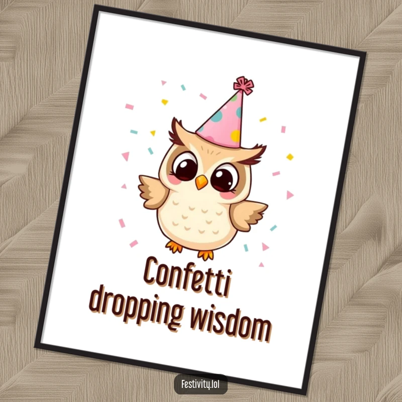 Funny owl digital art print of a tiny owl in a party hat releasing confetti, a downloadable piece of humorous and festive artwork.