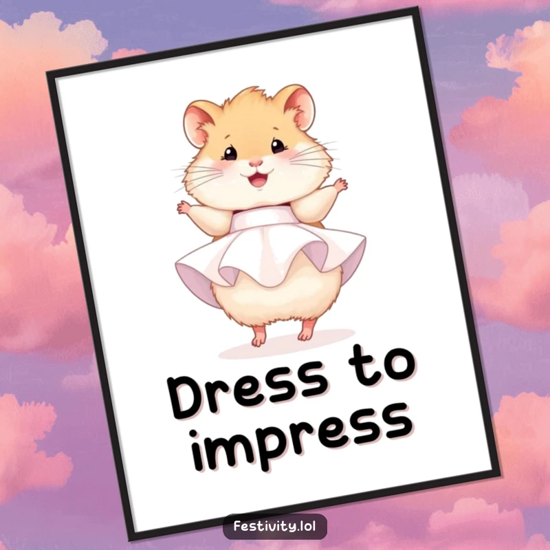 Funny hamster digital art print, a fluffy hamster in a party dress joyfully twirling, adding festive charm to digital art.