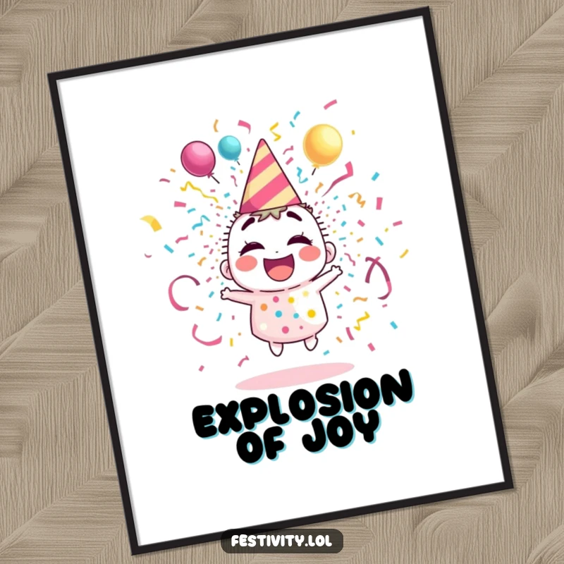 Funny digital art print of a giggling party popper character exploding with vibrant streamers and confetti, a burst of happiness.