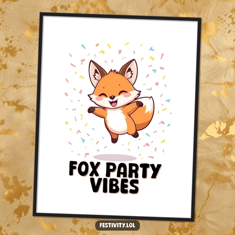 Funny digital art of a grinning fox leaping through confetti, a joyful and energetic piece for any space.