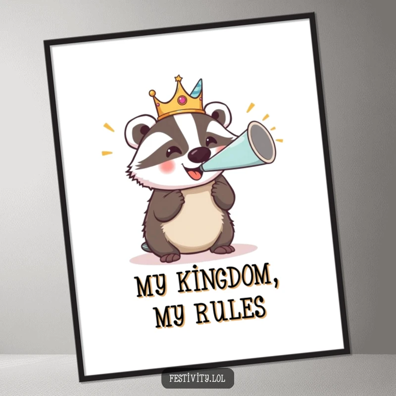 Funny digital art print of a delighted badger in a silly crown blowing a large party horn, perfect for instant royal decor.