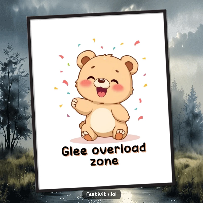 Funny digital art print of a giggling bear cub joyfully tossing confetti, creating an atmosphere of pure delight.