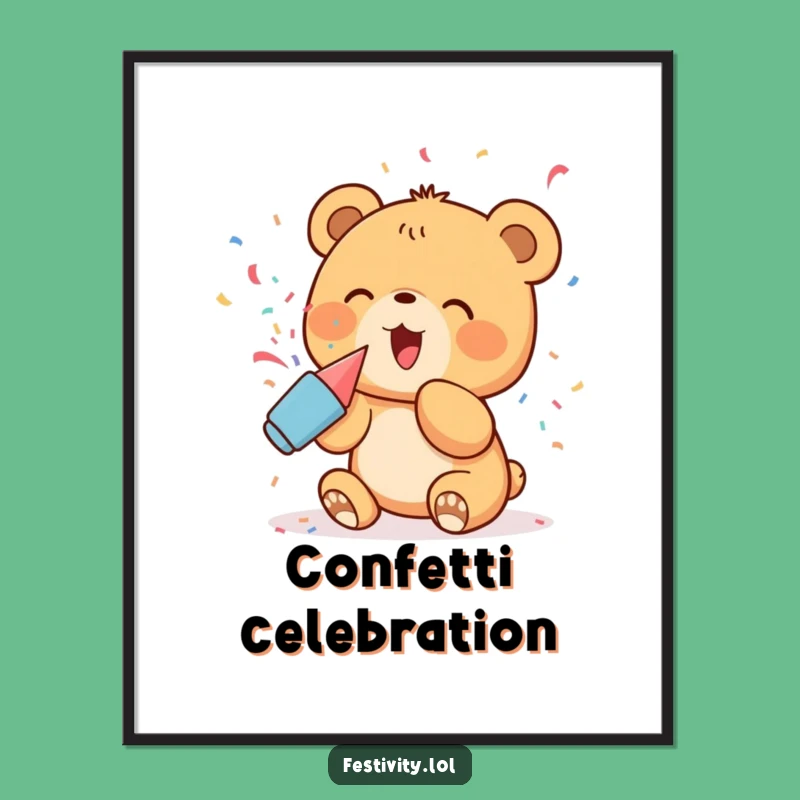 Funny Bear Cub Party Digital Art: Excited Cub's Confetti Burst, Whimsical Wall Decor