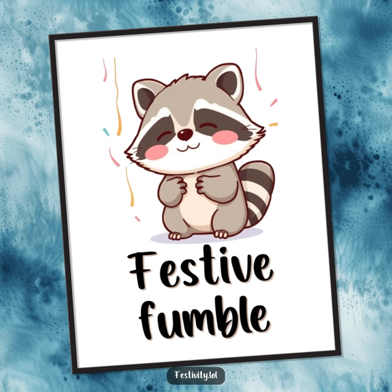Funny digital art print of a blushing raccoon adorably trying to catch falling streamers, radiating shy, playful charm.