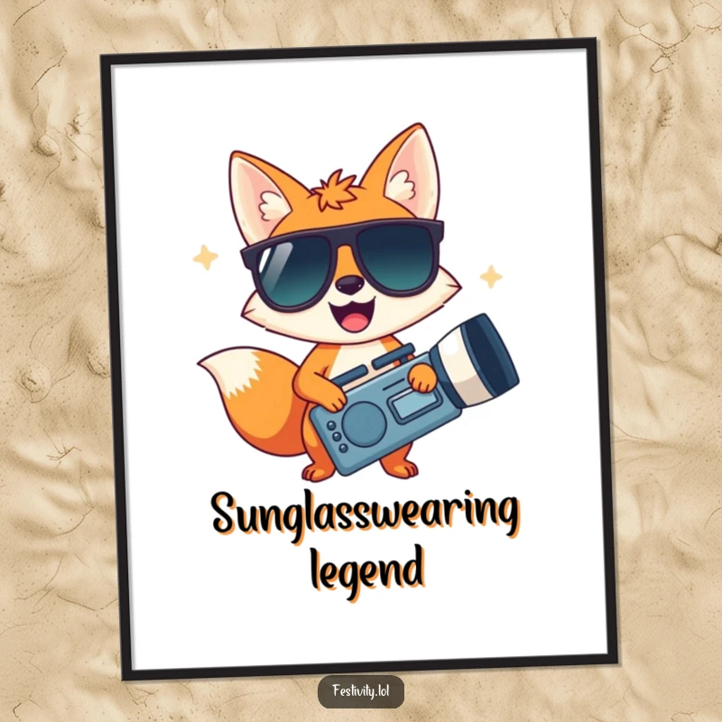 Funny digital art print of a happy fox in oversized sunglasses with a giant noisemaker, ready for fun.