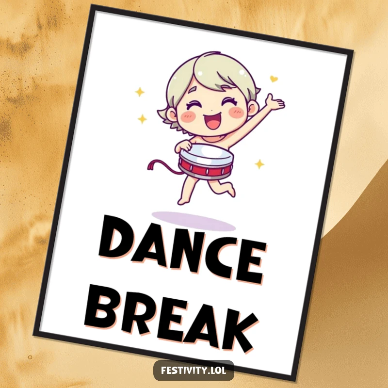 Funny merry character dancing energetically with a tambourine, digital art print.