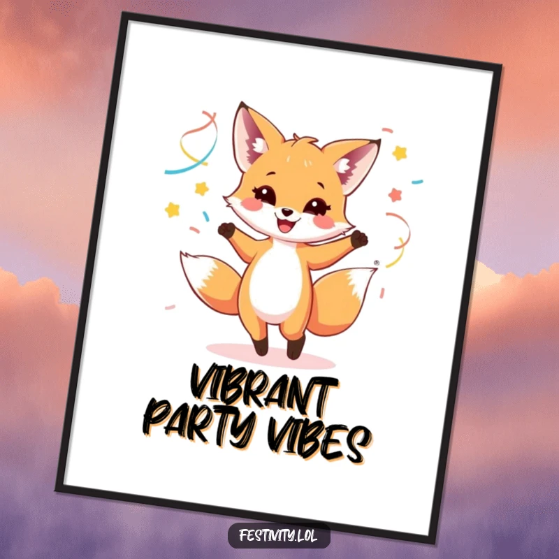 Funny digital art print of a happy fox cub dancing with colorful streamers, bringing vibrant energy.