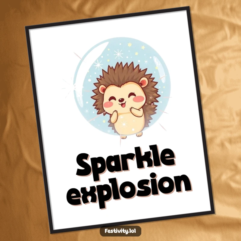 Funny digital art print of a smiling hedgehog blowing a giant bubble filled with tiny fireworks, radiating festive joy.