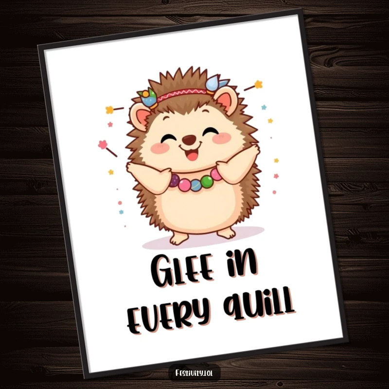Funny Hedgehog Digital Art: A happy hedgehog wearing festive garlands and dancing, perfect for vibrant, funny celebration decor.